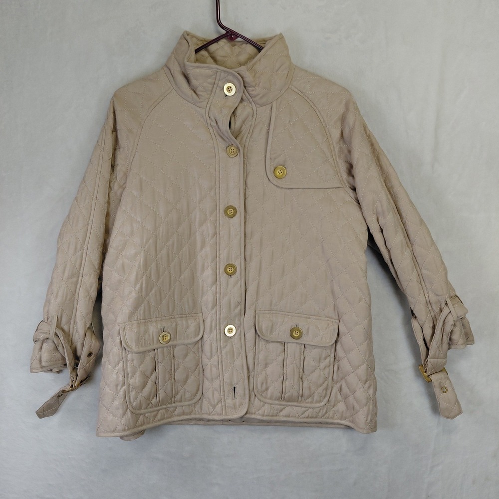 Chicos Women Size 2 Quilted Mock Neck Button Front Jacket Beige Buckle Cuff